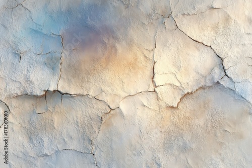 A muted palette of pale creams and soft blues highlights deep fissures in a textured stone surface.