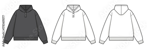 Unisex Button-Neck Pullover Hoodie Technical Fashion Illustration. Relaxed-Fit Hooded Sweatshirt Vector Template. Front and Back View. Ribbed Hem and Cuffs. Casual Streetwear. CAD Mockup Set.