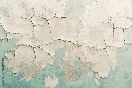 A weathered, light beige and teal-toned wall displays extensive cracks and peeling paint, revealing an aged, textured surface.