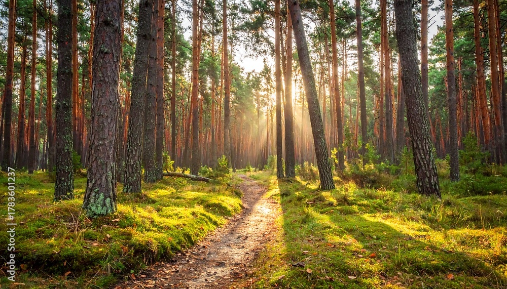 Obraz premium Sunlight streams through a dense forest, illuminating a path. Tall trees create a corridor, with green moss and fallen leaves