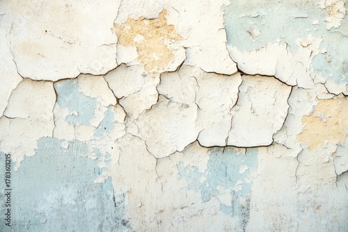 A weathered wall displays a network of deep cracks, revealing layers of light beige and pale blue paint beneath.