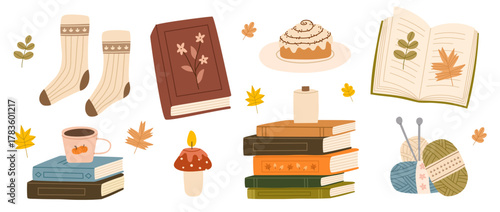 Cozy autumn hand drawn reading collection. Set of books and autumn vibe elements. Cup of tea, coffee, candles, knitting, socks, cinnamon roll. Flat vector illustration.