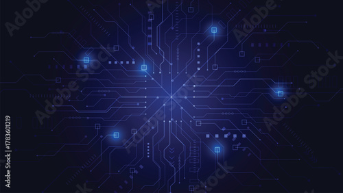 Abstract Blue Digital Circuit Background. Futuristic technology network with glowing lines, data connection, and IT innovation concept.