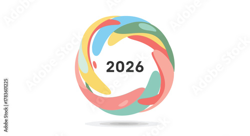 Abstract colorful circular design with the year 2026 prominently displayed in the center on a white background