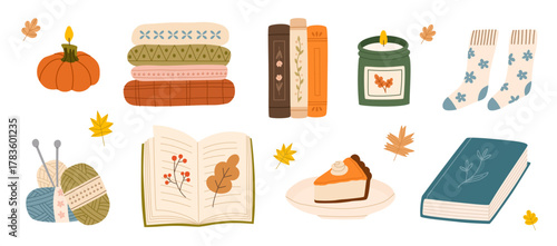 Cozy autumn hand drawn reading collection. Set of books and autumn vibe elements. Cup of tea, coffee, candles, knitting, socks, pumpkin pie. Flat vector illustration.