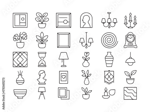 Home Decoration and Interior Accessories Line Icons Set. Collection of Thin Outline Symbols for Furniture Styling, Lighting, Plants, and Ornaments.