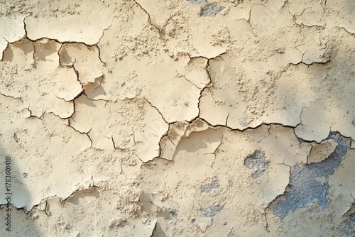 A detailed close-up view of a weathered, light beige wall, showing extensive cracking and peeling paint.