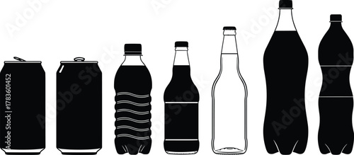 Beverage packaging silhouette vector illustration set, soda can plastic glass bottle icons, drink container artwork, modern minimal style, stock art collection