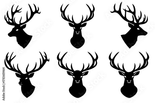 Stag Head Silhouette Vector Icon Set - Deer Antlers Logo Element