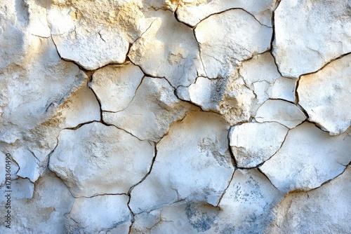 A textured surface of cracked and weathered light beige stone, showcasing intricate patterns and detailed fissures.