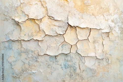 Aged, weathered stucco wall exhibits a network of deep, intricate cracks, displaying a palette of muted creams and pale yellows, conveying a sense of time and decay.