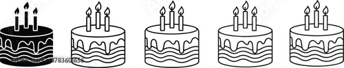Birthday cake silhouette vector illustration, candles celebration artwork, solid and outline design icons, party dessert graphic, modern minimal style, stock art collection