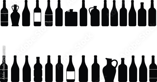 Bottle silhouette vector illustration set, wine beer liquor jug container icons, beverage packaging artwork, modern minimal style, stock art collection