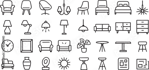 Furniture and Interior Design Line Icons Set. Collection of Thin Outline Home Decor, Living Room, and Office Items.