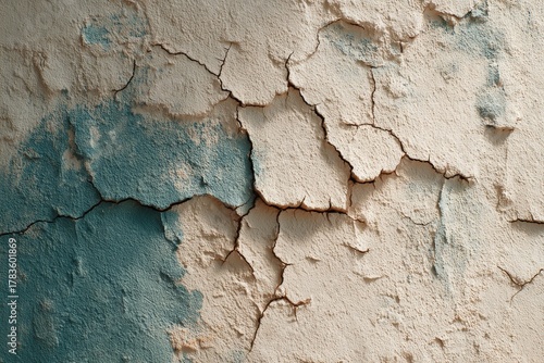 A close-up view of a textured exterior wall, exhibiting deep, intricate cracks, and muted teal paint splotches.