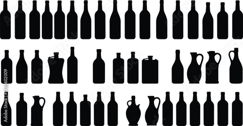 Bottle silhouette vector illustration set, wine beer liquor jug container icons, beverage packaging artwork, modern minimal style, stock art collection