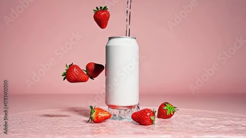 Dynamic strawberry splash surrounds a sleek white beverage can, creating a refreshing and vibrant visual for modern drink advertising and promotions