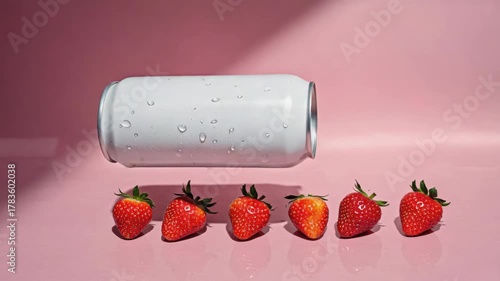 Refreshing white beverage can suspended mid-air above a row of ripe strawberries, suggesting a dynamic product launch or summer refreshment advertisement.