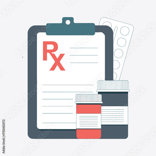Prescription clipboard with Rx symbol medication bottles and blister pack medical healthcare.