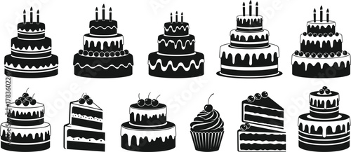 Cake and pastry silhouette vector set, tiered cakes slices cupcakes icons, dessert bakery illustration, celebration sweets design, modern minimal style, stock art collection