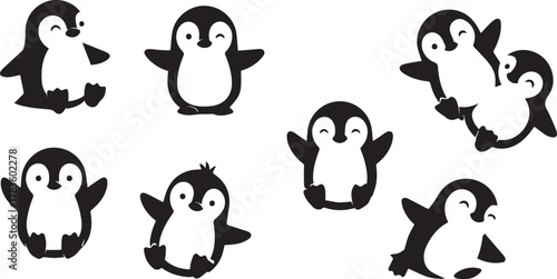 Collection of adorable cartoon penguins in various playful poses on a white background
