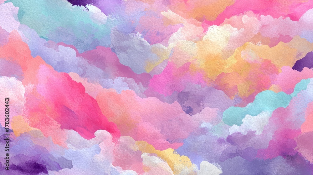 Fototapeta premium Watercolor painting captures ethereal cloudscape artwork depicts soft flowing clouds in gentle hues