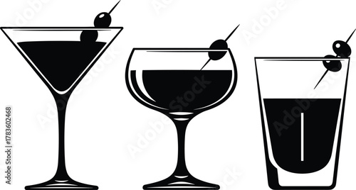 Cocktail glasses vector illustration, martini coupe highball icons, olive garnish artwork, barware design graphic, modern minimal style, stock art collection