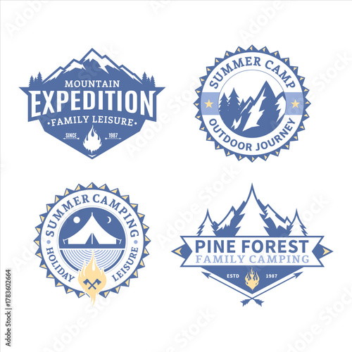 Blue Outdoor Adventure Mountain Camping Badge Logo Set Collection Design