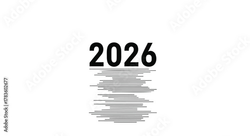 Bold black numeral 2026 displayed prominently above a stack of horizontal black lines creating a textured effect on a white background