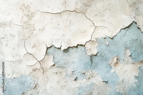 A weathered, light gray and white wall displays extensive cracking and peeling paint, creating a textured and aged surface.