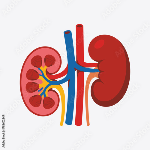 Stylized anatomical illustration of human kidneys with red arteries and blue veins anatomy.