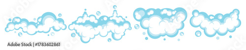 cartoon soap foam set with bubbles light blue suds of bath 