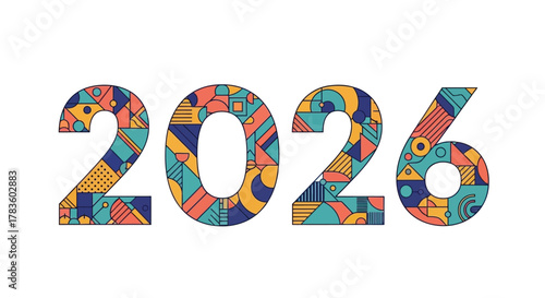 Vibrant geometric pattern fills the digits of the year 2026 creating a modern and abstract design for the future