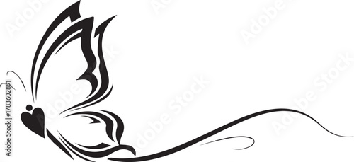 Elegant black ink brush stroke butterfly silhouette with flowing tail and heart detail on white background