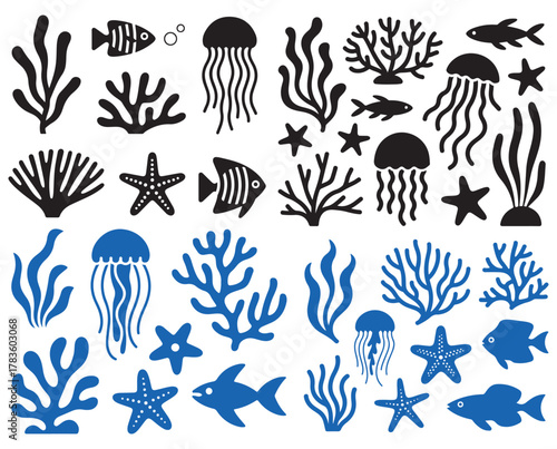 Stylized marine life illustration featuring fish jellyfish coral and starfish