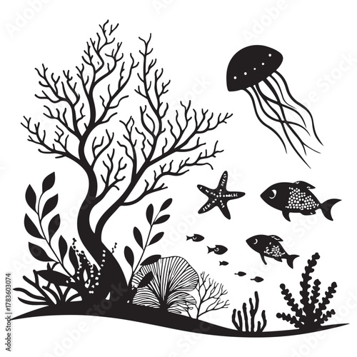 Black and white illustration of underwater marine life with coral and jellyfish