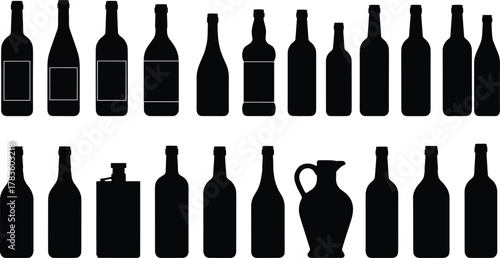 Bottle silhouette vector set, wine beer liquor container icons, packaging design artwork, beverage product illustration, modern minimal style, stock art collection