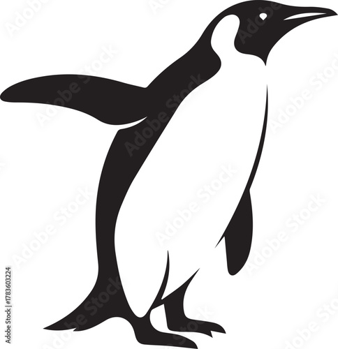 Isolated black and white illustration of a single emperor penguin standing with its wings outstretched against a white background
