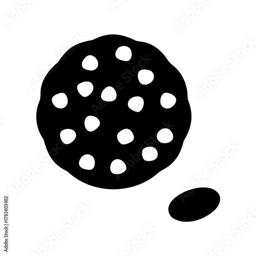 Stylized illustration of a chocolate chip cookie with a few additional crumbs