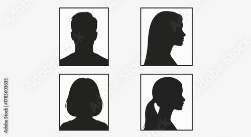Vector set of male and female profile silhouette photos — front view and side view.