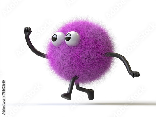 Fluffy, cute monster joyfully running, symbolizing happiness or excitement. 3D rendering, conceptual image. Isolated on white background.