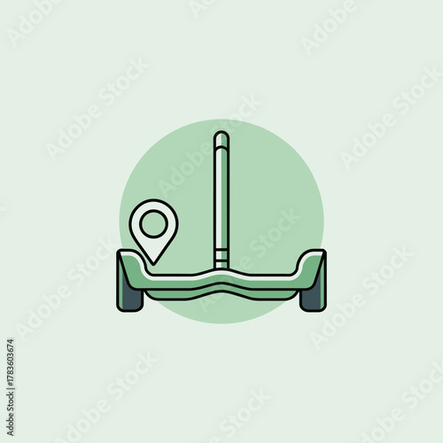 A playful illustration of a hoverboard combined with a marker location icon, portraying a futuristic concept of mobility in urban environments with a lively design.