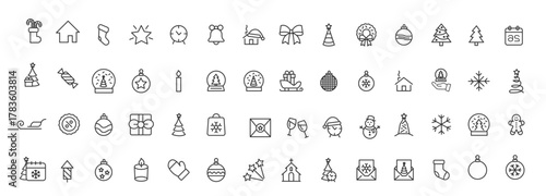 Christmas line icon collection. Holiday symbol. Outline Xmas icons set. Santa claus, gift, angel, box, bow, bell, christmas tree, fireworks, snow, snowman, bag and more