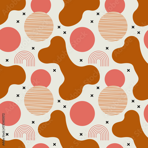 This vibrant abstract pattern features circles and organic shapes with warm colors, appealing for textile designs, wallpapers, or any project needing a cheerful, artistic touch.