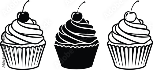 Cupcake silhouette vector illustration, cherry topping dessert icons, bakery sweets artwork, pastry design graphic, modern minimal style, stock art collection
