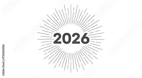 Year 2026 displayed prominently in bold dark gray numbers with a radiating sunburst or starburst pattern on a clean white background