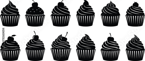Cupcake silhouette vector set, dessert icons with frosting and toppings, bakery sweets illustration, pastry design artwork, modern minimal style, stock art collection