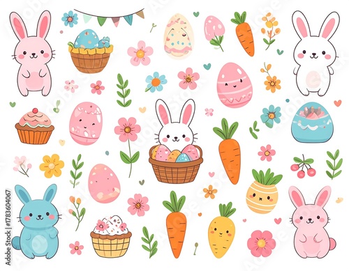 Collection of cute Easter-themed illustrations featuring bunnies, eggs, carrots, and flowers