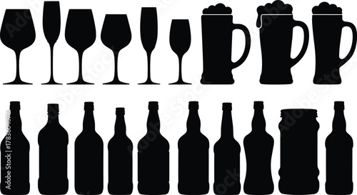 Drinkware and beverage container silhouette vector illustration set, wine cocktail beer bottles glasses icons, barware design artwork, modern minimal style, stock art collection