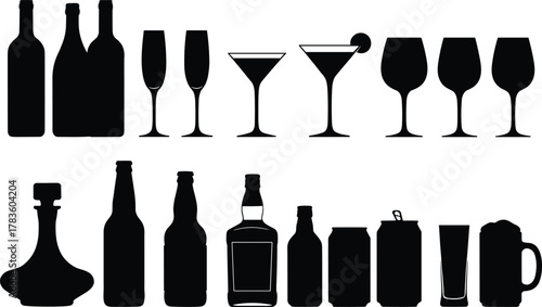 Drinkware and beverage container silhouette vector set, wine cocktail beer soda icons, barware design artwork, modern minimal style, stock art collection
